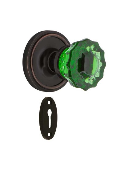 Classic Rosette Mortise Lock Set with Colored Fluted Crystal Glass Knobs Emerald in Timeless Bronze.